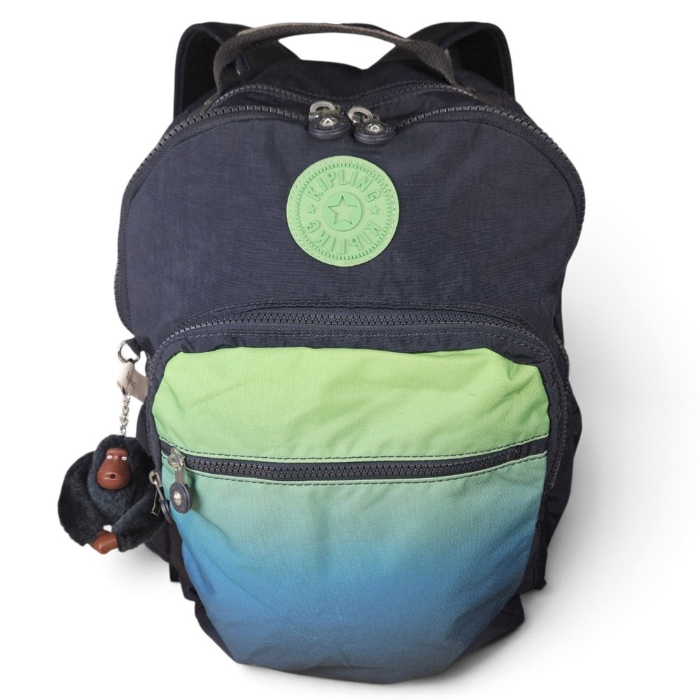 Kipling Backpack Large Blue Green Nylon Monkey Charm Lightweight Zip Pockets
